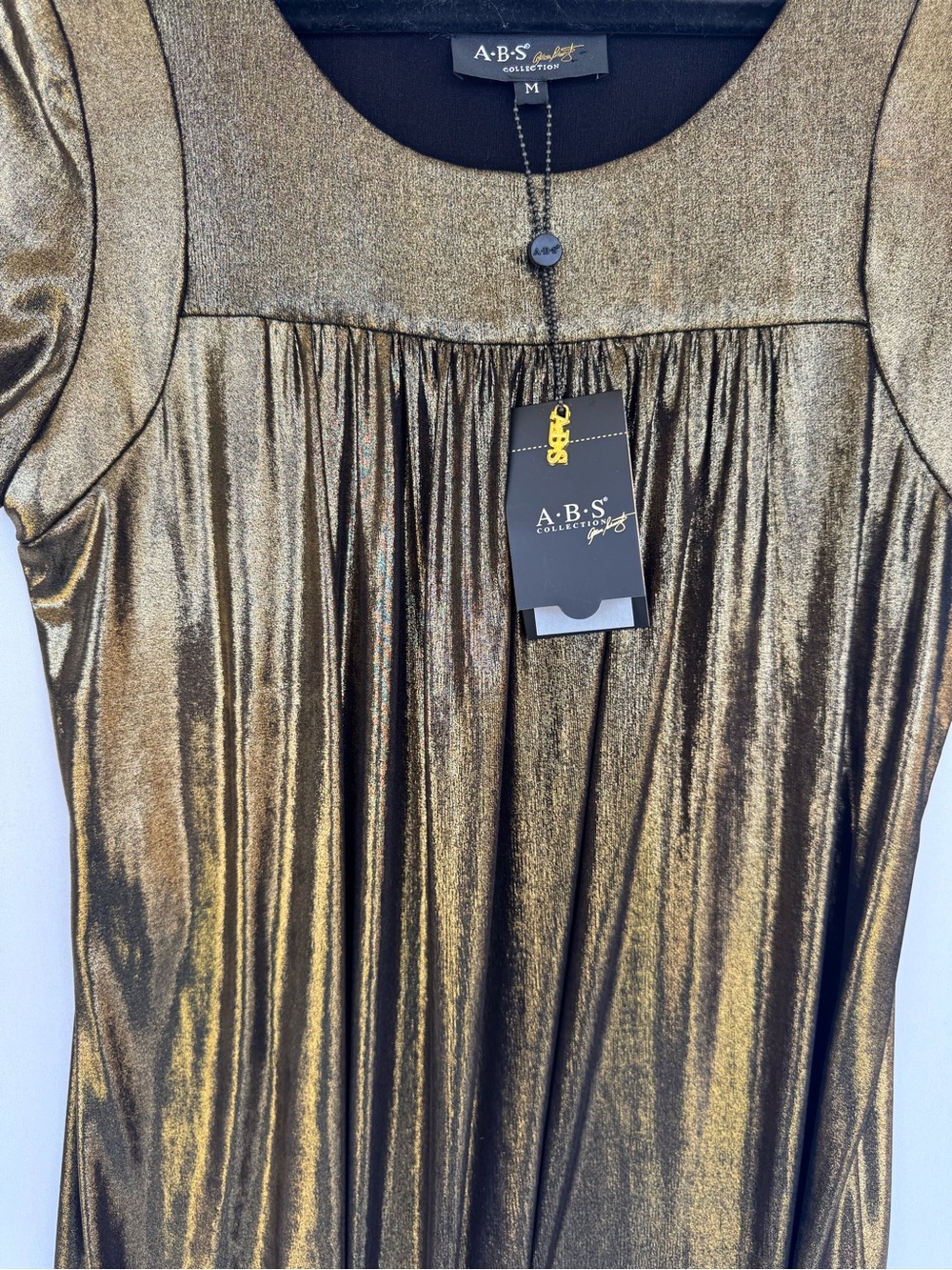 ABS Allen Schwartz Metallic Gold Short Sleeve Swing Dress - Picture 12 of 12